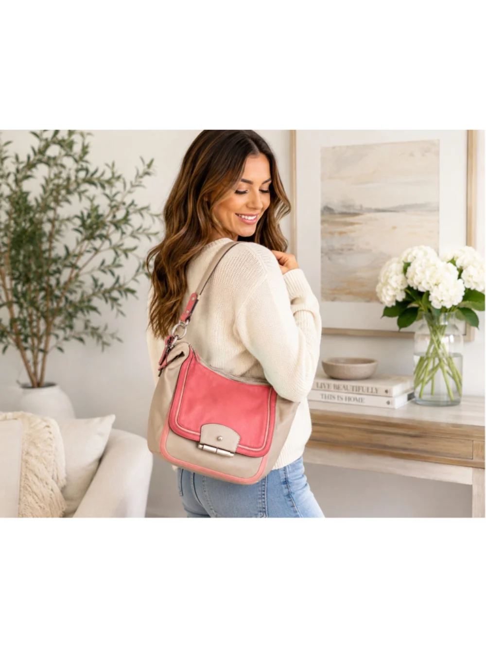 Coach Kristin Colorblock Leather Shoulder Crossbody Bag Beige Coral Pink F22509